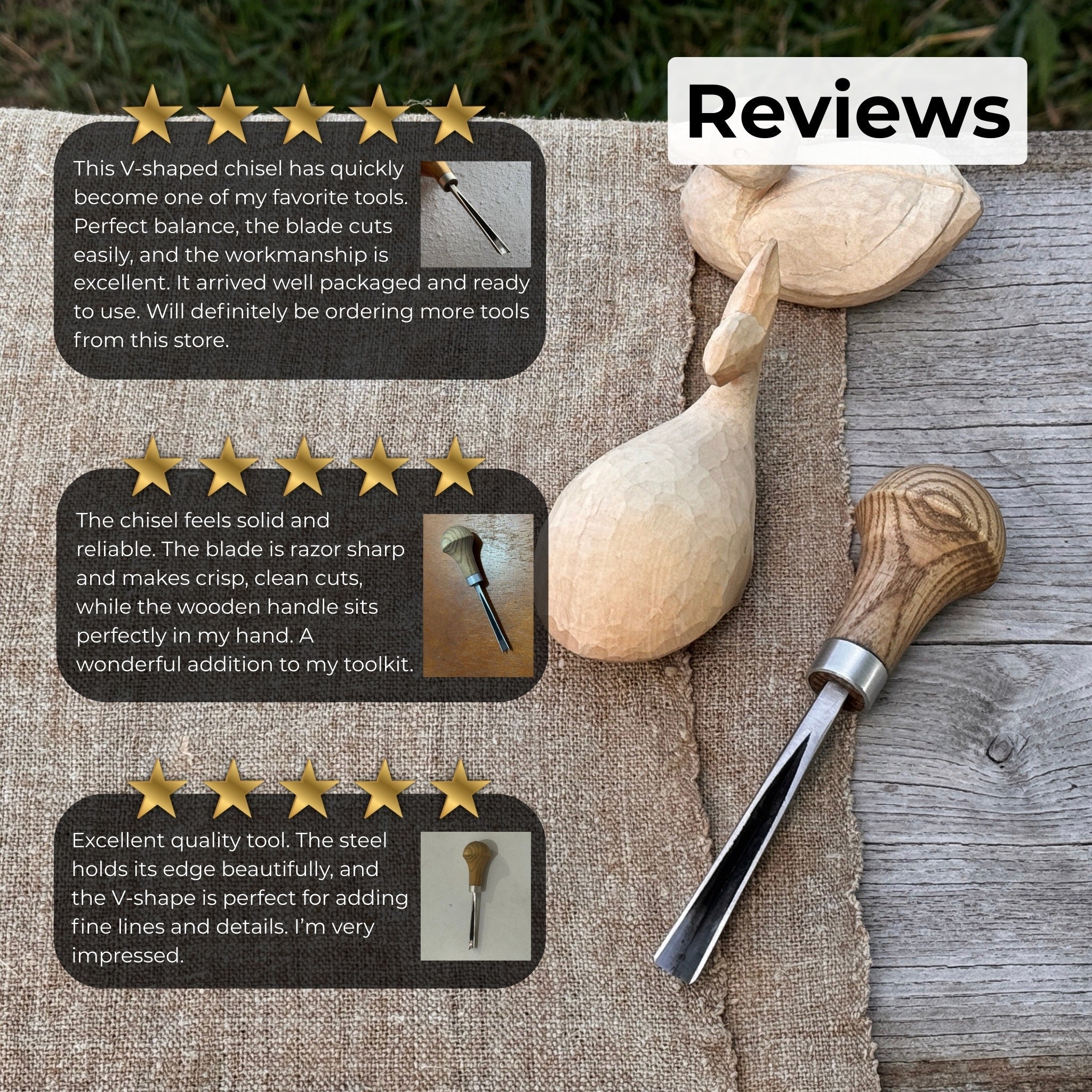 V-Parting Chisel 60 Degree with Palm Handle, 8 mm blade, hand-forged steel and ash wood handle