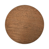 Top view of a round wooden table surface with a smooth finish and natural wood grain patterns in warm brown tones