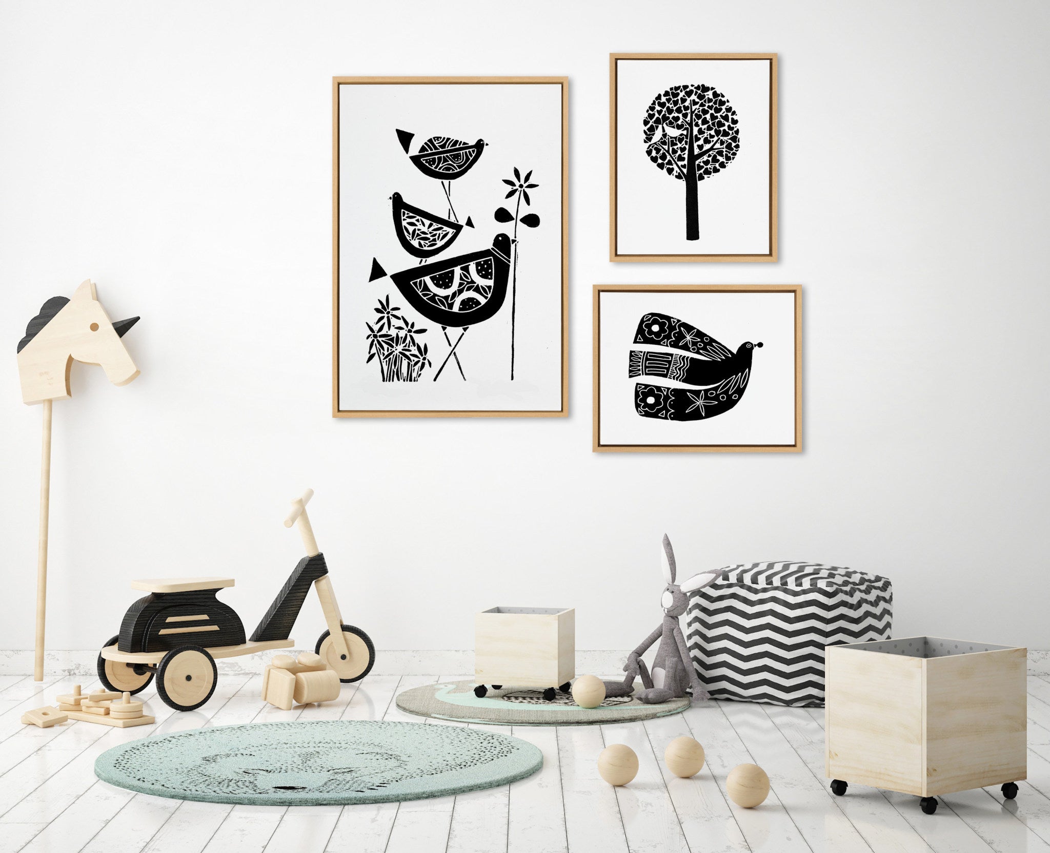 Sylvie Trio Linocut, Love Tree Linocut and Over the Cloud Linocut Framed Canvas Art Set by Giuliana Lazzerini