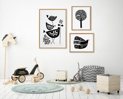 Sylvie Trio Linocut, Love Tree Linocut and Over the Cloud Linocut Framed Canvas Art Set by Giuliana Lazzerini