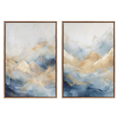 Two framed canvas art pieces titled Blue Mountains I and II showing abstract blue watercolor mountains with gold vintage beaded frames.