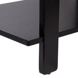 Close-up of a black shelf corner with a vertical support leg, showing smooth edges and a matte surface finish.