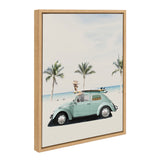Framed canvas print of a vintage green car on a sandy beach with palm trees and a clear blue sky, featuring surfboards on the roof rack.