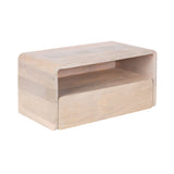 Light wood rectangular side table with rounded edges, featuring an open shelf above a single drawer without visible handles.