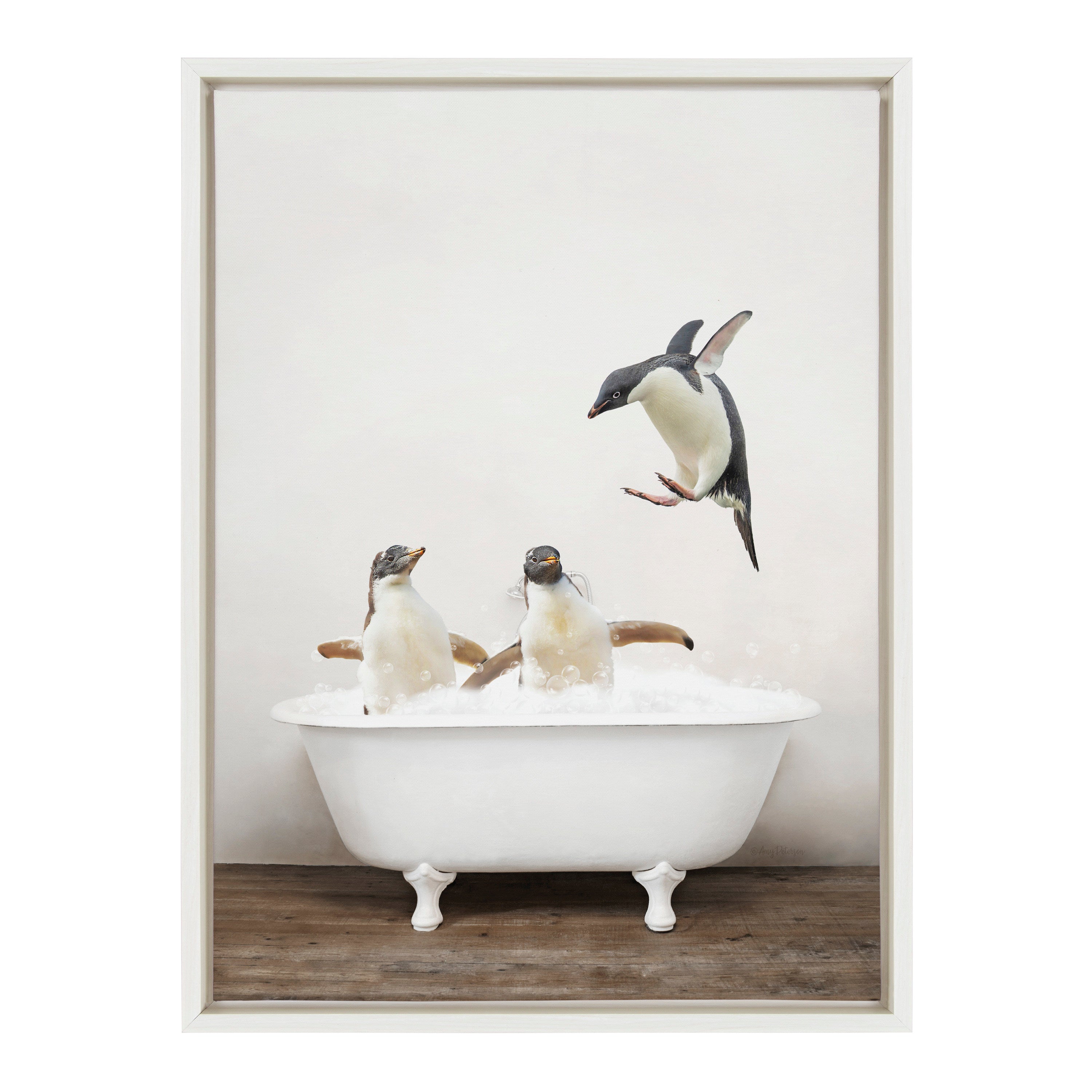 Sylvie Penguins Playing in Rustic Bath Framed Canvas by kateandlaurel - product image 2 for Resin Society