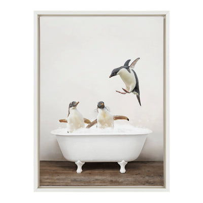 Sylvie Penguins Playing in Rustic Bath Framed Canvas by kateandlaurel - product image 2 for Resin Society