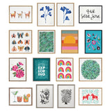 Fifteen framed artworks arranged in a grid, featuring colorful animals, plants, abstract shapes, typography, and botanical illustrations with varied backgrounds and styles.