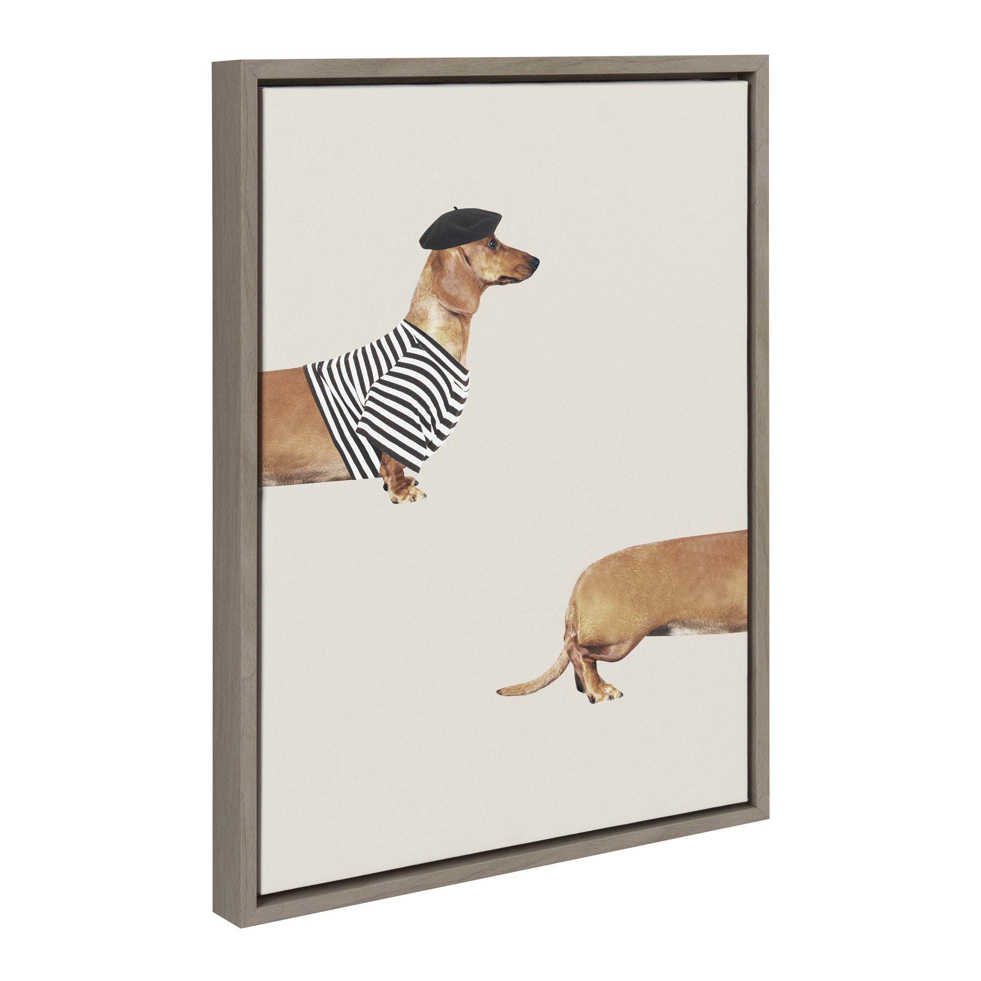 Sylvie Long Dog framed canvas showing an abstract weiner dog with minimalist shapes in neutral tones