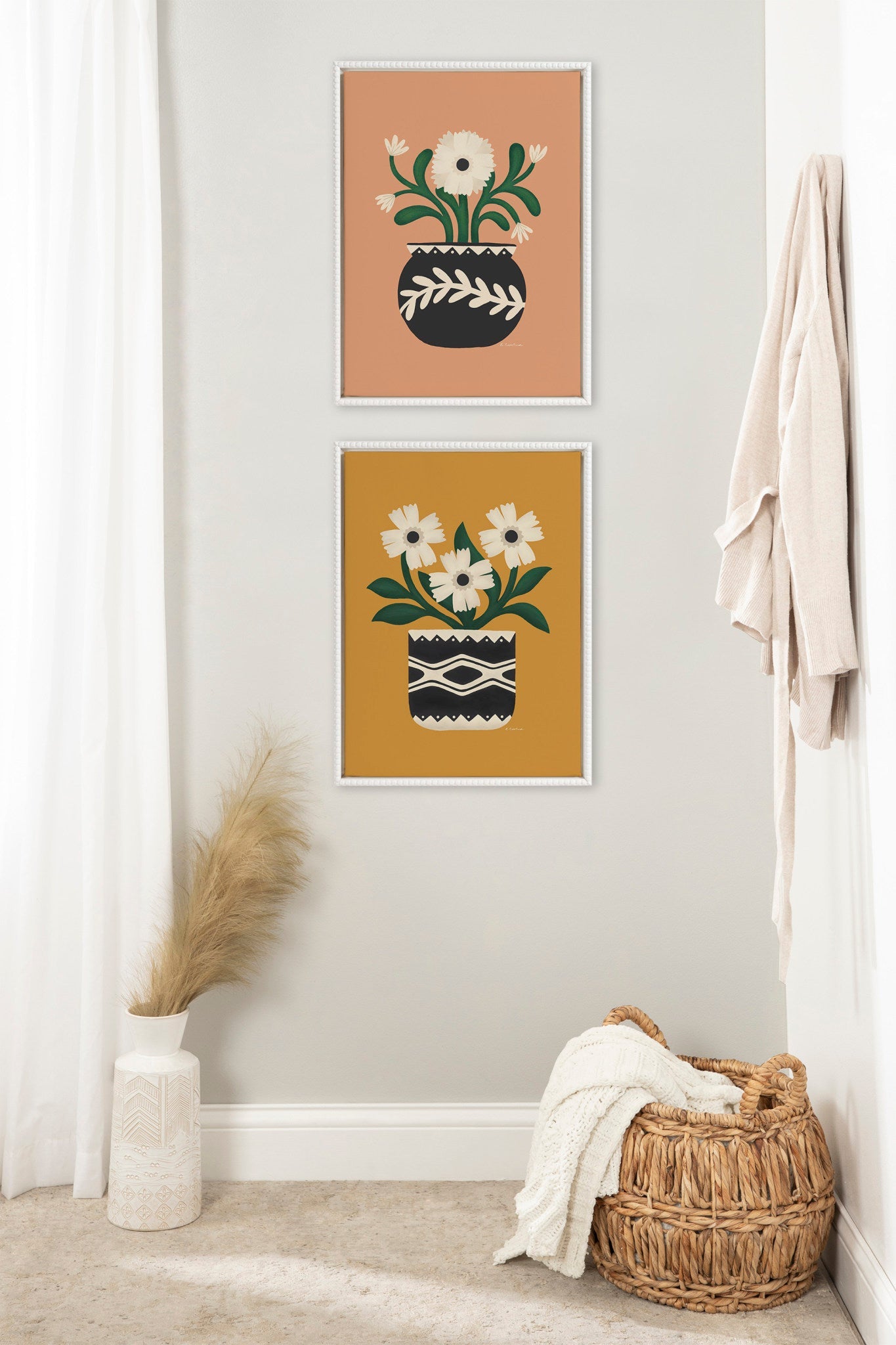 Sylvie Beaded Folk Flowers Gold and Terra Framed Canvas Art Set by Carey Copeland