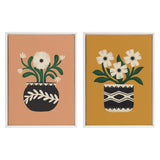 Two-piece framed canvas art set with potted folk flowers in gold and terra tones