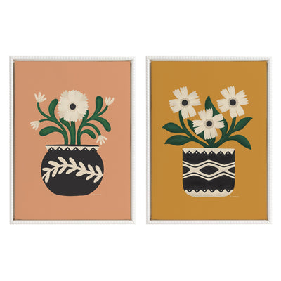 Two-piece framed canvas art set with potted folk flowers in gold and terra tones