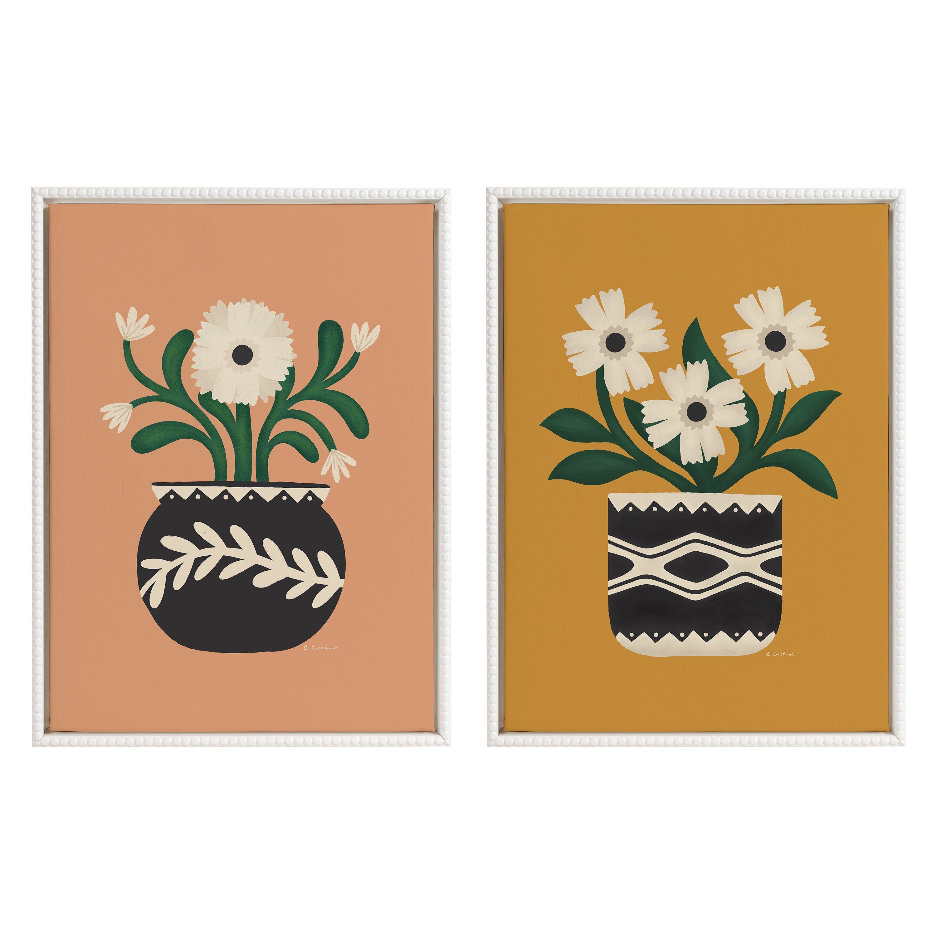 Sylvie Beaded Folk Flowers Gold and Terra Framed Canvas Art Set by Carey Copeland