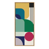 Abstract geometric composition with rounded shapes in mustard yellow, teal, green, navy, and red, accented by vertical and horizontal black stripes, framed in light wood.