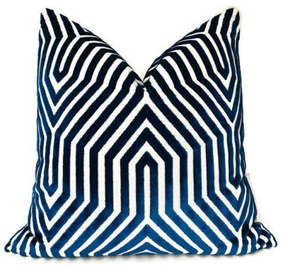 Vanderbilt Velvet Pillow Cover in Navy Blue from multiple angles showing velvet texture and zipper detail