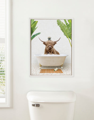 Sylvie Beaded Highland Cow and Stacked Rocks Bali Bath Framed Canvas by Amy Peterson