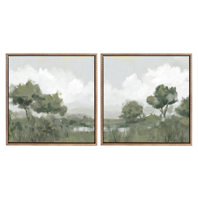 Sylvie Shades of Olive 1 and 2 framed canvas art set showing soft abstract olive trees in gold frames
