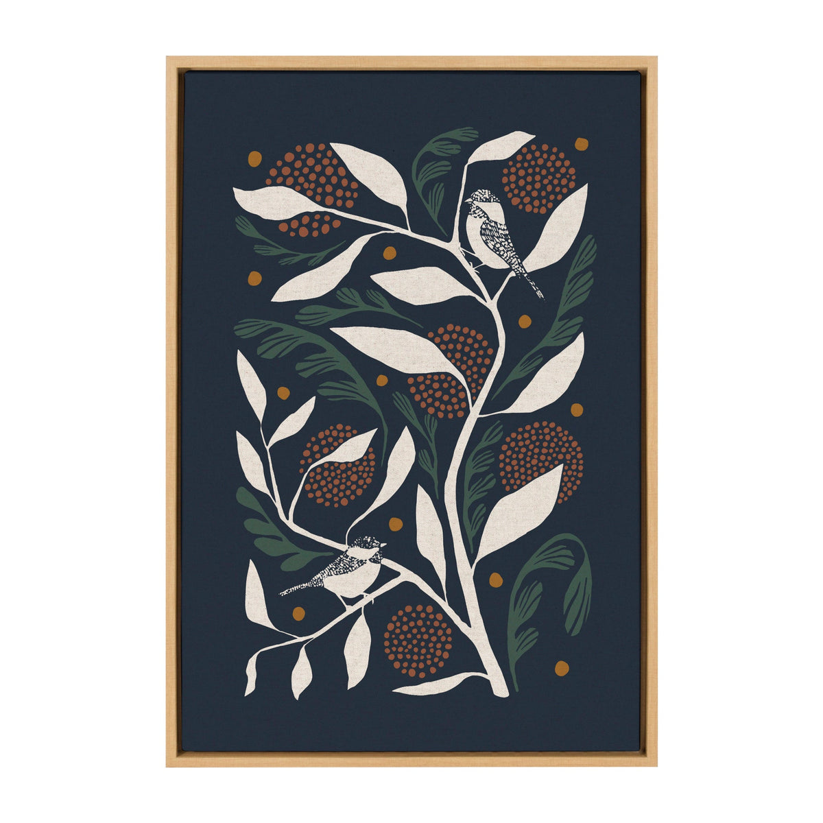 Framed canvas with white branches and leaves, brown circular clusters, green foliage, and two detailed black and white birds on a dark blue background