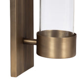 Brushed bronze metal wall sconce with vertical ridged backplate and cylindrical clear glass shade holder extending from a short arm