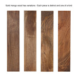 Four rectangular solid mango wood planks displaying distinct grain patterns and warm brown tones, arranged vertically against a white background.