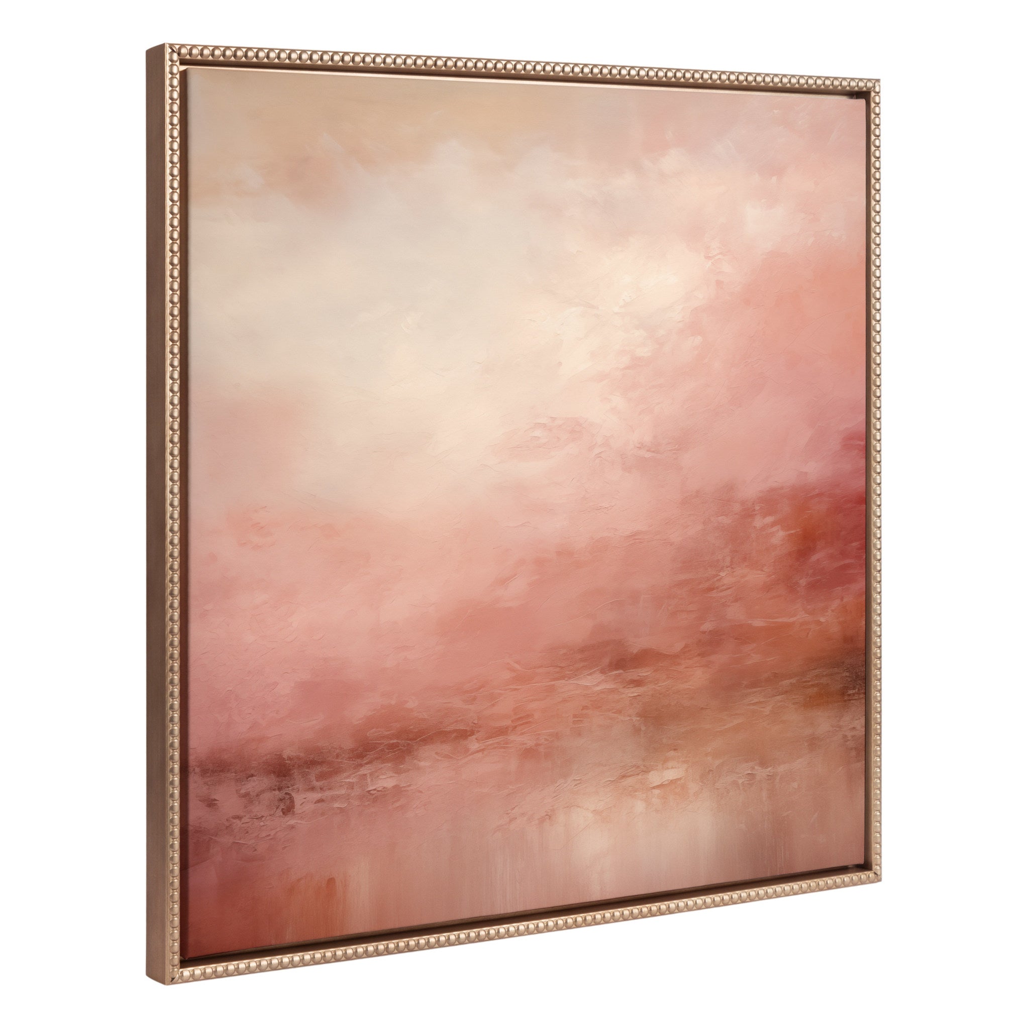 Sylvie Beaded Tonal Abstract Pink Beach Framed Canvas featuring sun-kissed pink and peach ombre hues with vintage gold beaded frame