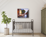 Painting of a Venice canal with warm-toned buildings and a tree-lined waterway, displayed above a dark metal baby crib in a bright nursery.