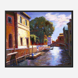 Painting of a Venice canal with warm-toned buildings, a stone bridge, and boats floating on reflective water under a sky with clouds and tree foliage.