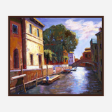 Painting of a Venetian canal with warm yellow buildings, a leafy green tree, boats moored along the water, and a small arched bridge under a blue sky with scattered clouds.