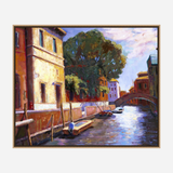 Painting of a sunlit Venice canal with boats docked along the right bank, a leafy tree, and a stone bridge in the distance under a partly cloudy sky.