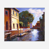 Painted canal scene with boats moored along warm-toned Venetian buildings under a partly cloudy sky, featuring a stone bridge and leafy green tree in the background.