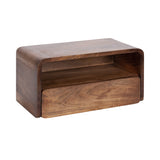 Rectangular wooden side table with rounded edges featuring a drawer below an open shelf, showing natural wood grain details.