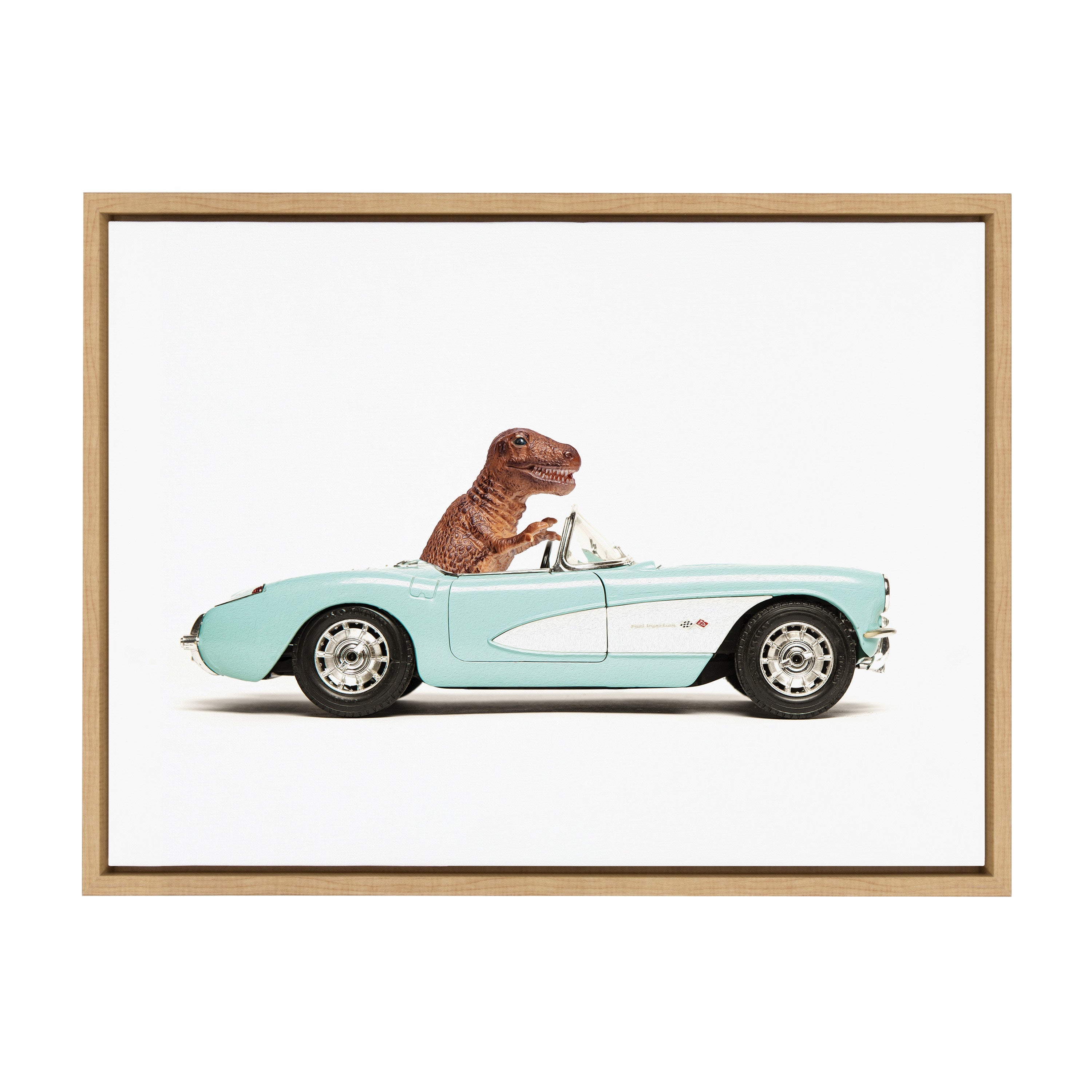 Sylvie T Rex Driving 1957 Aqua Chevy Framed Canvas by Saint and Sailor Studios