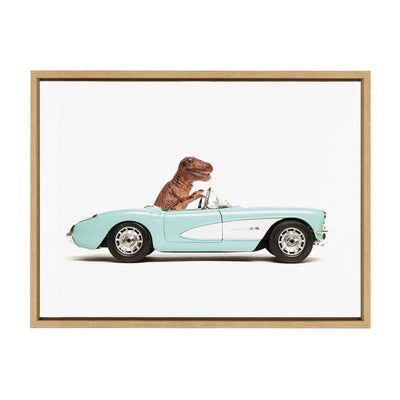Sylvie T Rex Driving 1957 Aqua Chevy Framed Canvas by Saint and Sailor Studios