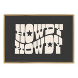 Black canvas with large beige block letters spelling 'HOWDY' twice in a wavy pattern, each 'O' containing a star shape, framed in light wood.