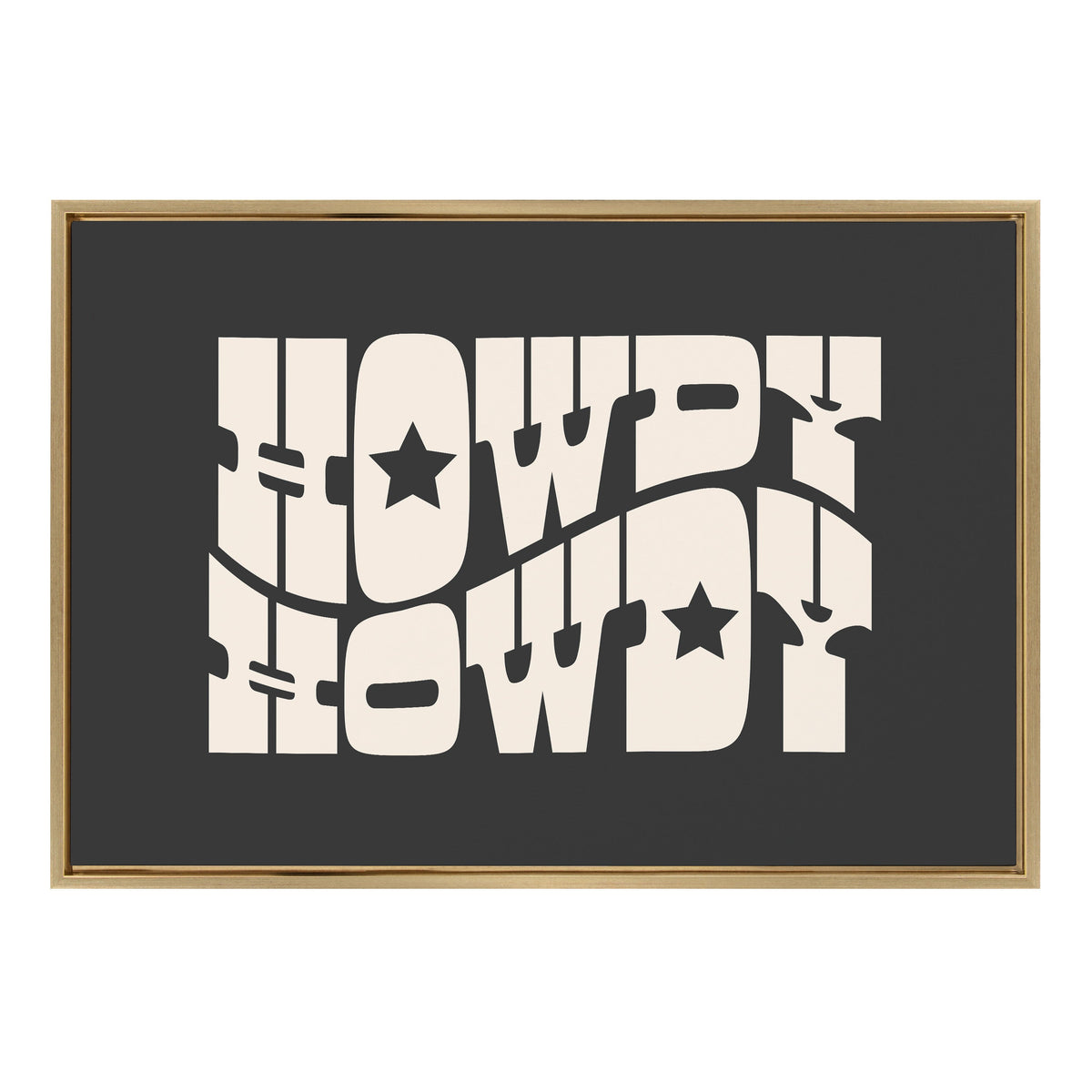 Black canvas with large beige block letters spelling 'HOWDY' twice in a wavy pattern, each 'O' containing a star shape, framed in light wood.