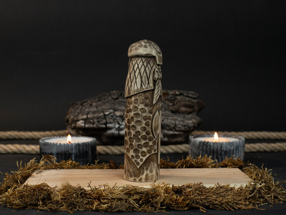 Hand-carved wooden Vidar figurine 14 cm tall representing Norse god of vengeance