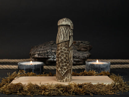 Hand-carved wooden Vidar figurine 14 cm tall representing Norse god of vengeance
