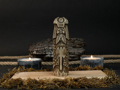 Hand-carved wooden Vidar figurine 14 cm tall representing Norse god of vengeance