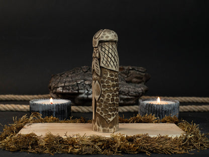 Hand-carved wooden Vidar figurine 14 cm tall representing Norse god of vengeance