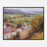 Impressionist-style canvas painting depicting a French village with red-roofed houses clustered near a winding road, surrounded by green fields and distant purple hills under a pale sky.