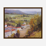 Impressionist painting of a French village with red-roofed houses in the foreground and rolling green hills fading into blue mountains under a misty sky.
