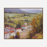 Impressionist-style painting of a French village with white houses and red roofs nestled in green rolling hills under a cloudy sky.