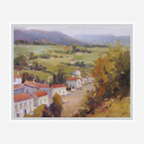 Oil painting of a French village with white houses and red roofs clustered along a winding path, surrounded by green fields and autumn-colored trees under a soft purple sky.