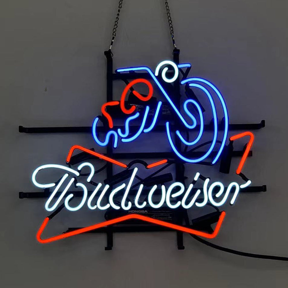 Vintage Style Harley Motorcycle Budweiser Neon Sign Light illuminated against a dark background