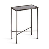 Rectangular black metal slim side table with textured edges, thin legs, and crossbar support, shown against white background.