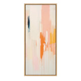 Tall rectangular abstract canvas with vertical drips in soft peach, orange, yellow, pale pink, and dark blue hues, framed in light wood.