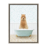 Brown alpaca standing in a light blue clawfoot bathtub filled with bubbles, against a wall with white paneling and blue fish-patterned wallpaper.