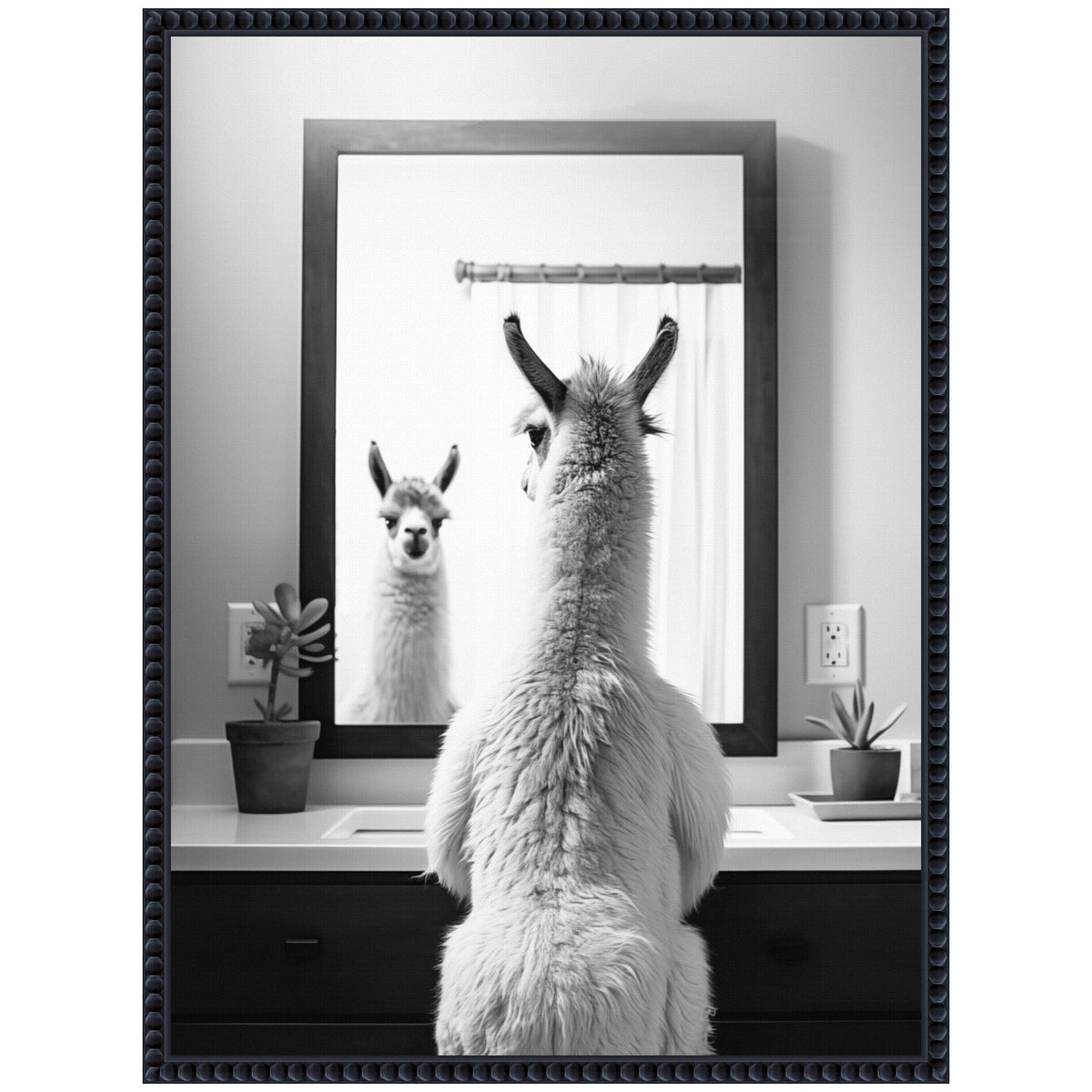 Black and white photo of a fluffy llama seen from behind facing a bathroom mirror, with two potted plants on the sink countertop and a towel rod in the background.