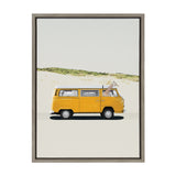 Illustration of a yellow retro van with a giraffe poking its head out the open driver's side window against a minimalist sandy and grassy background.