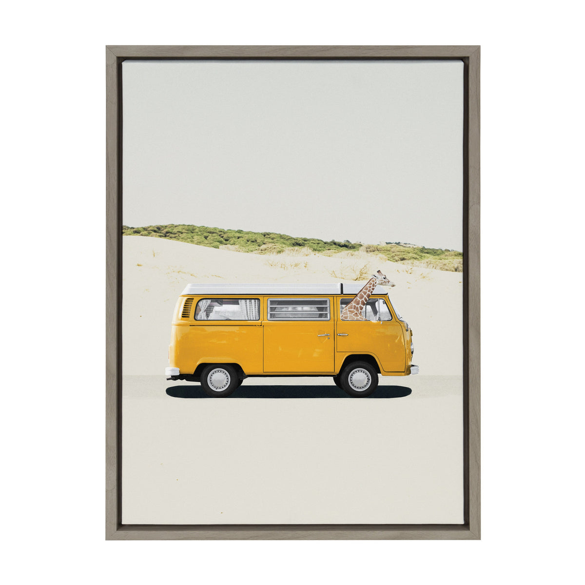 Illustration of a yellow retro van with a giraffe poking its head out the open driver's side window against a minimalist sandy and grassy background.