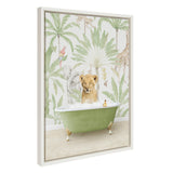 Framed floating canvas art depicting a lion cub in a wild safari bath with neutral tones and white frame